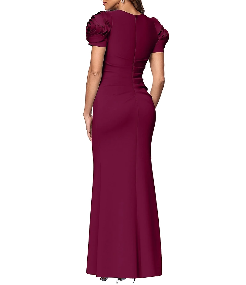 Xscape Rosette Short Sleeve Ruched Back Sheath Gown