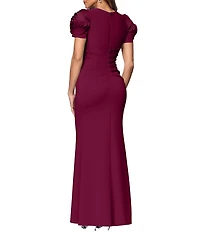 Xscape Rosette Short Sleeve Ruched Back Sheath Gown