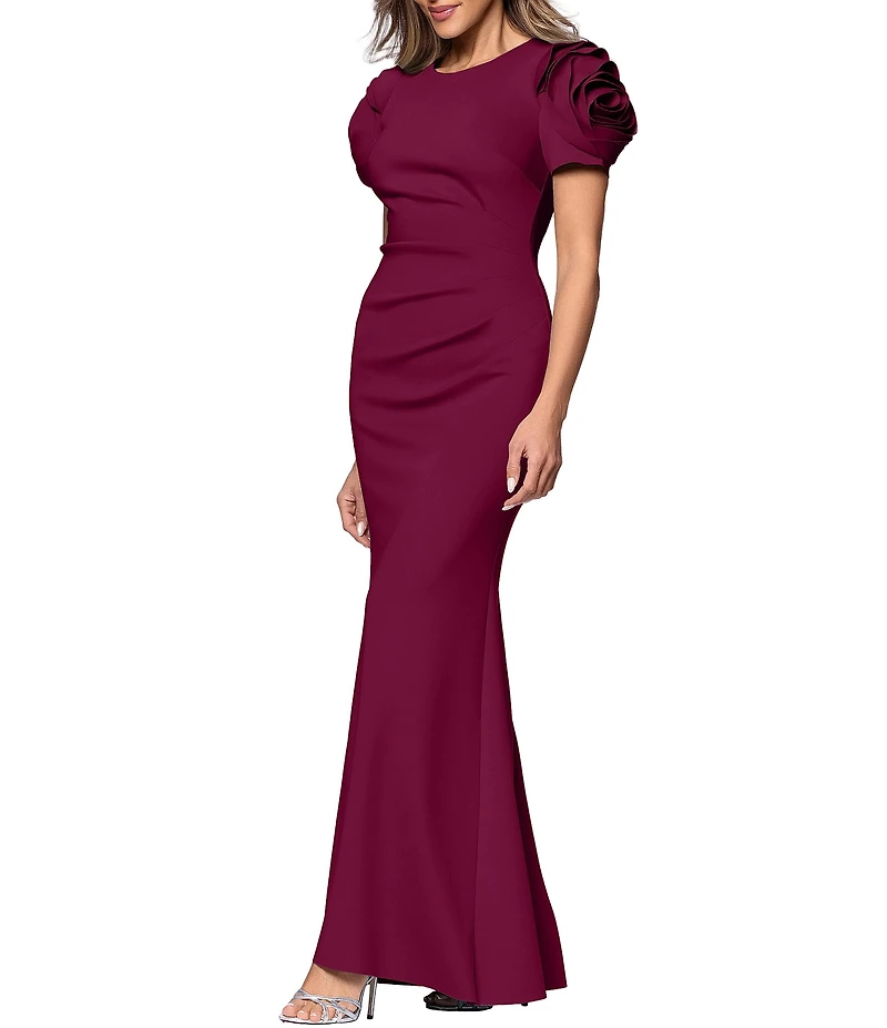 Xscape Rosette Short Sleeve Ruched Back Sheath Gown