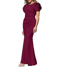 Xscape Rosette Short Sleeve Ruched Back Sheath Gown
