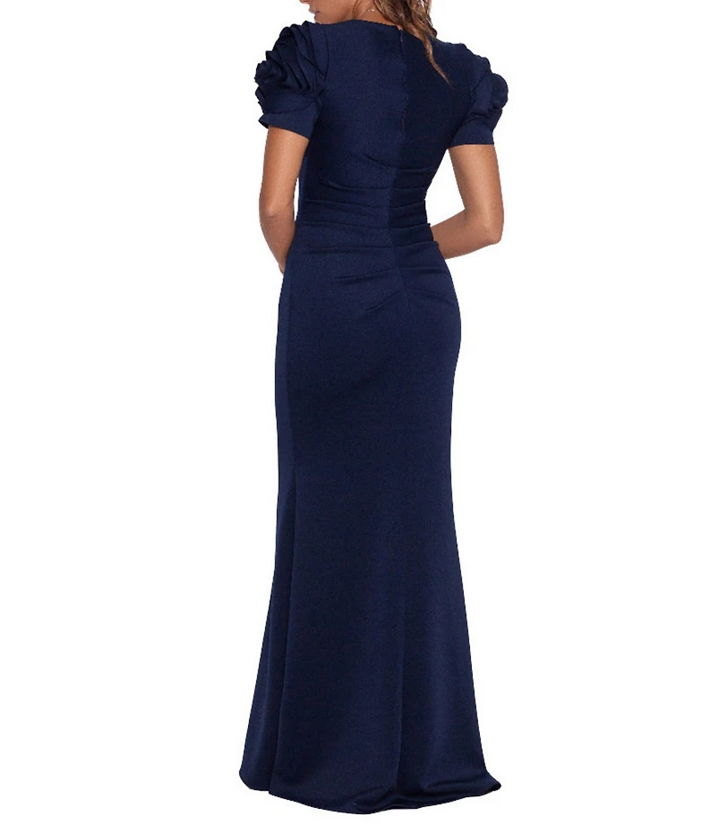 Xscape Rosette Short Sleeve Ruched Back Sheath Gown