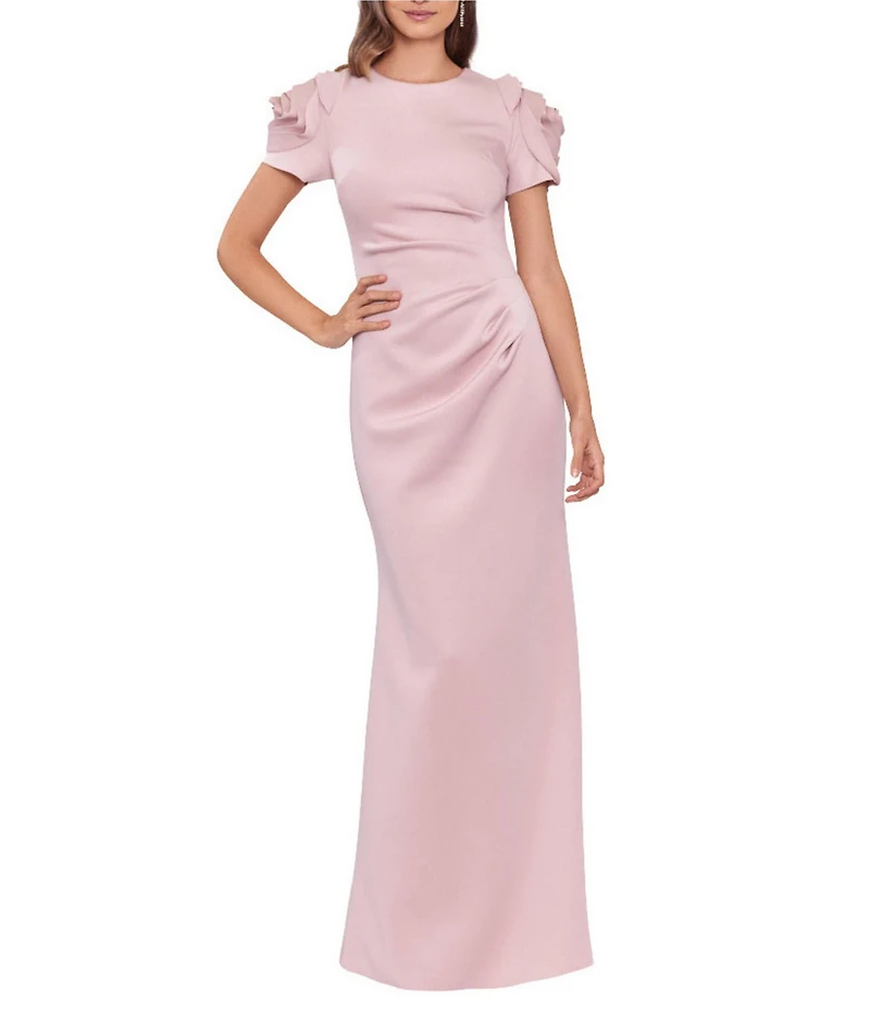Xscape Rosette Short Sleeve Ruched Back Sheath Gown