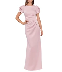 Xscape Rosette Short Sleeve Ruched Back Sheath Gown