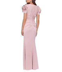 Xscape Rosette Short Sleeve Ruched Back Sheath Gown