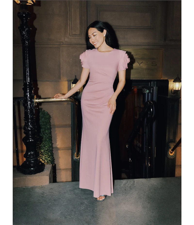 Xscape Rosette Short Sleeve Ruched Back Sheath Gown