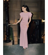 Xscape Rosette Short Sleeve Ruched Back Sheath Gown