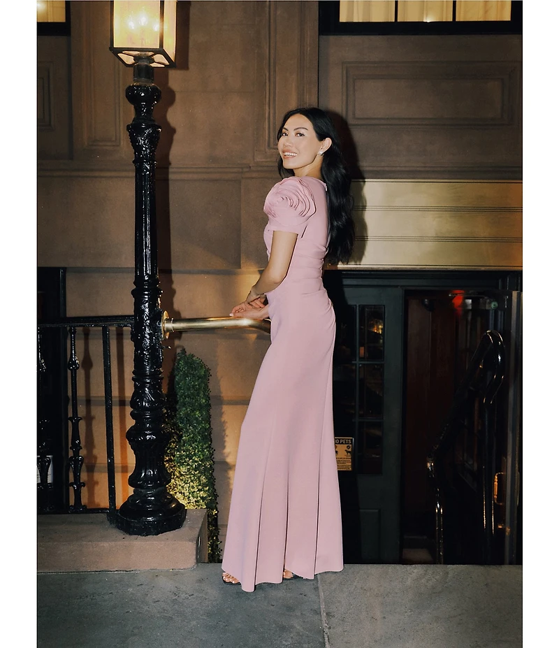 Xscape Rosette Short Sleeve Ruched Back Sheath Gown