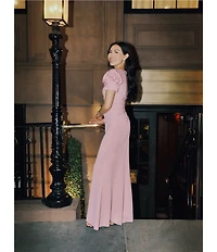 Xscape Rosette Short Sleeve Ruched Back Sheath Gown