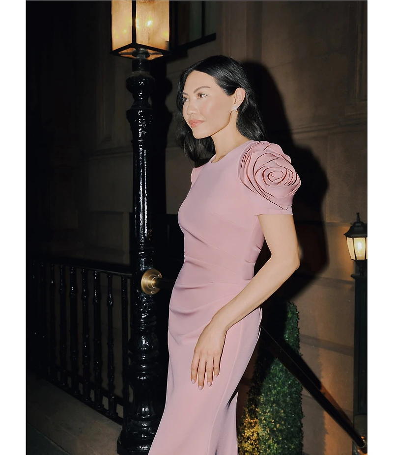 Xscape Rosette Short Sleeve Ruched Back Sheath Gown