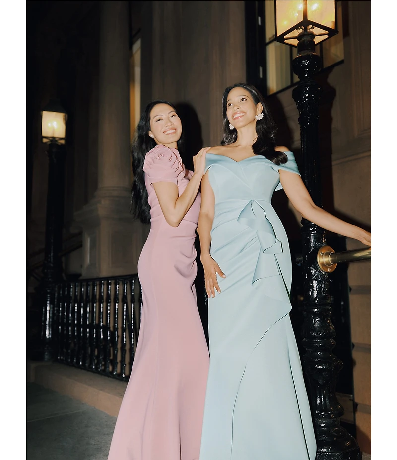 Xscape Rosette Short Sleeve Ruched Back Sheath Gown