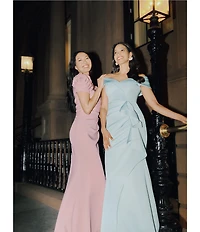 Xscape Rosette Short Sleeve Ruched Back Sheath Gown