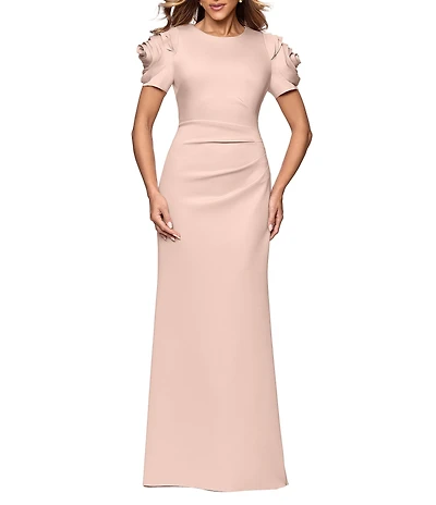Xscape Rosette Short Sleeve Ruched Back Sheath Gown