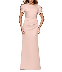 Xscape Rosette Short Sleeve Ruched Back Sheath Gown