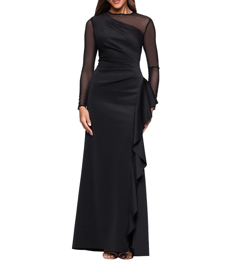 Xscape Round Neck Long Illusion Mesh Sleeves Ruffle Front Scuba Crepe Gown
