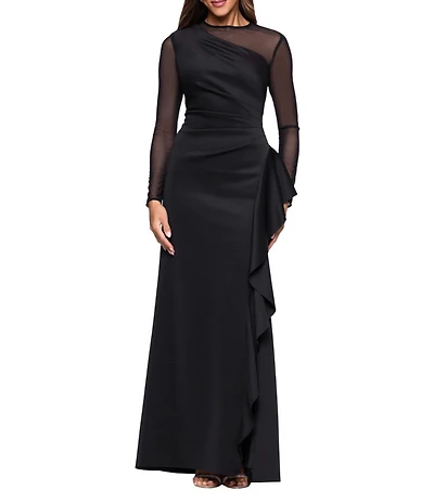 Xscape Round Neck Long Illusion Mesh Sleeves Ruffle Front Scuba Crepe Gown