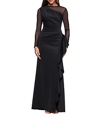 Xscape Round Neck Long Illusion Mesh Sleeves Ruffle Front Scuba Crepe Gown