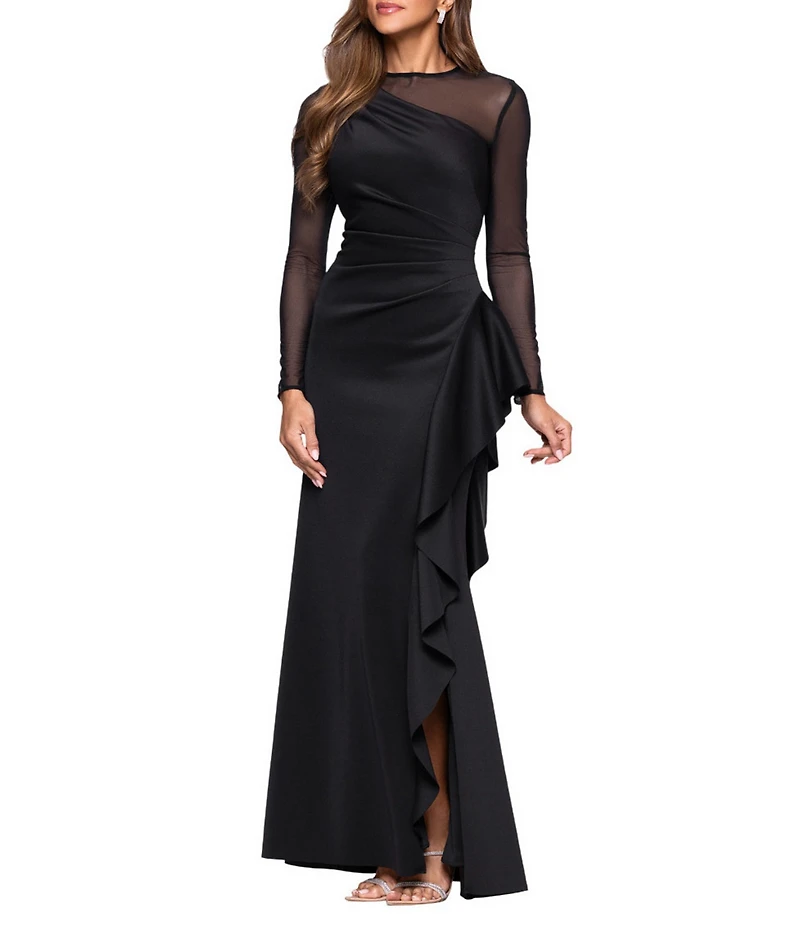 Xscape Round Neck Long Illusion Mesh Sleeves Ruffle Front Scuba Crepe Gown