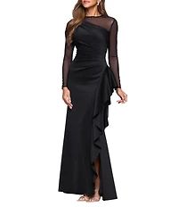 Xscape Round Neck Long Illusion Mesh Sleeves Ruffle Front Scuba Crepe Gown