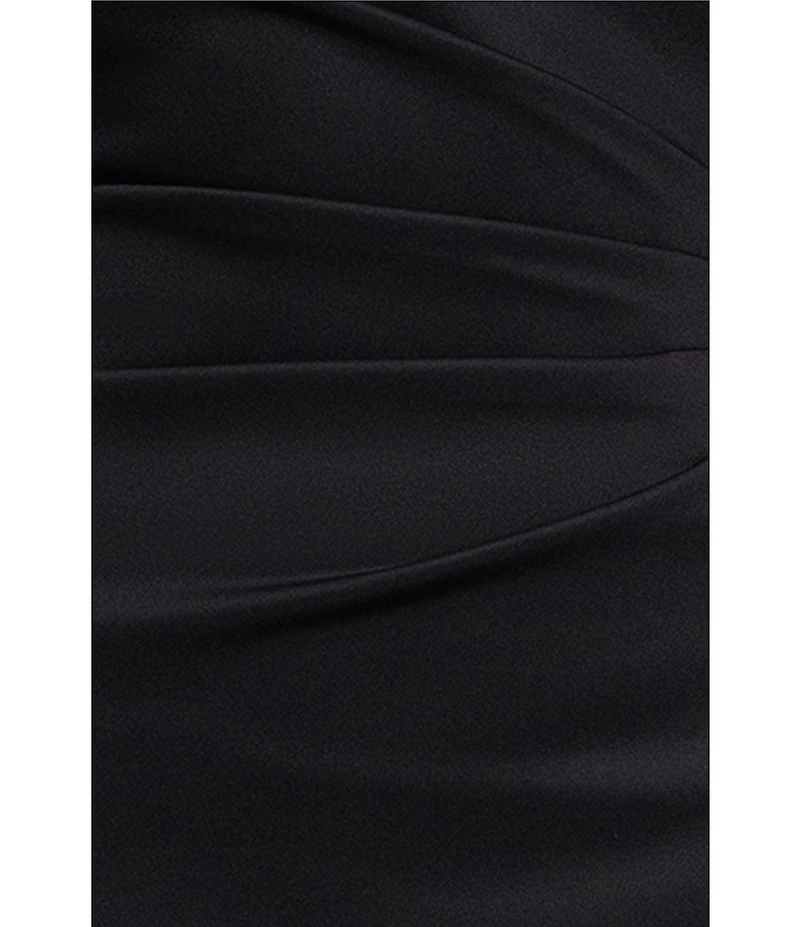 Xscape Round Neck Long Illusion Mesh Sleeves Ruffle Front Scuba Crepe Gown