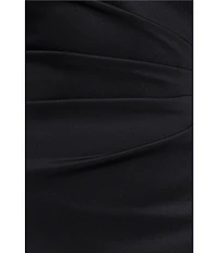 Xscape Round Neck Long Illusion Mesh Sleeves Ruffle Front Scuba Crepe Gown