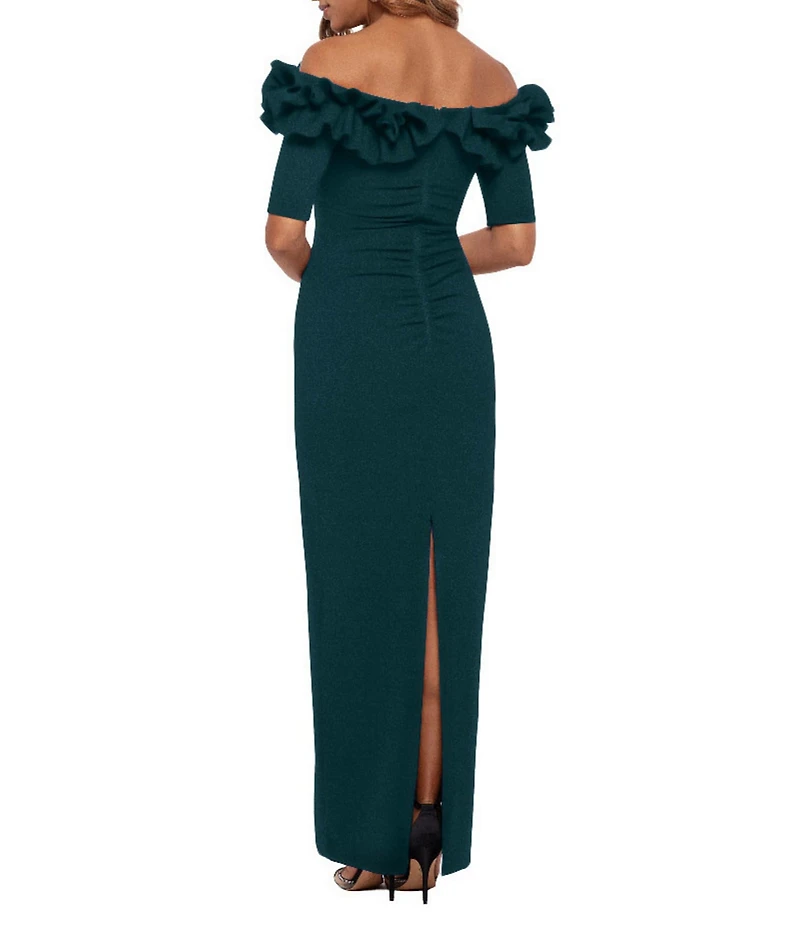 Xscape Ruffled Off-the-Shoulder Short Sleeve Crepe Sheath Gown