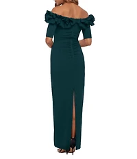 Xscape Ruffled Off-the-Shoulder Short Sleeve Crepe Sheath Gown