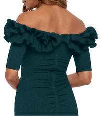 Xscape Ruffled Off-the-Shoulder Short Sleeve Crepe Sheath Gown