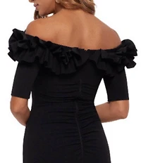 Xscape Ruffled Off-the-Shoulder Short Sleeve Crepe Sheath Gown
