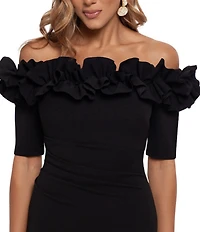 Xscape Ruffled Off-the-Shoulder Short Sleeve Crepe Sheath Gown