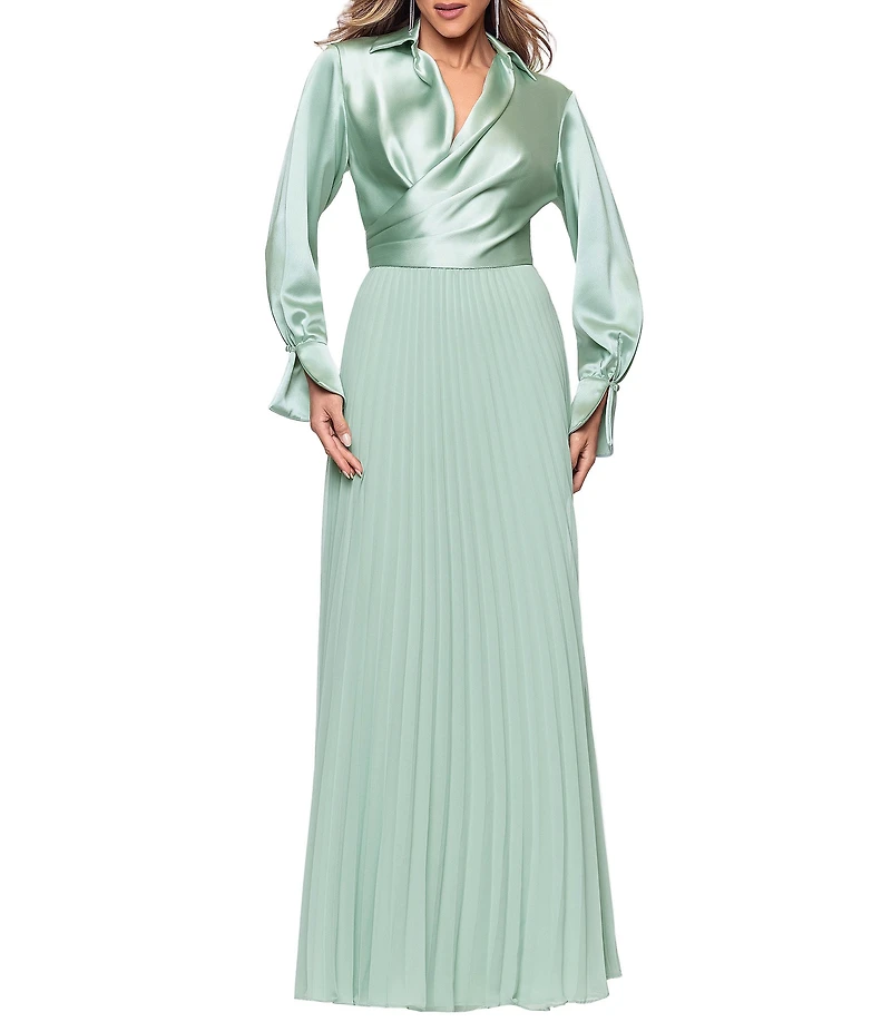 Xscape Satin Chiffon Long Sleeve Collar V-Neck Pleated A-Line Dress