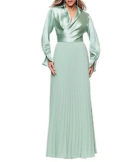 Xscape Satin Chiffon Long Sleeve Collar V-Neck Pleated A-Line Dress