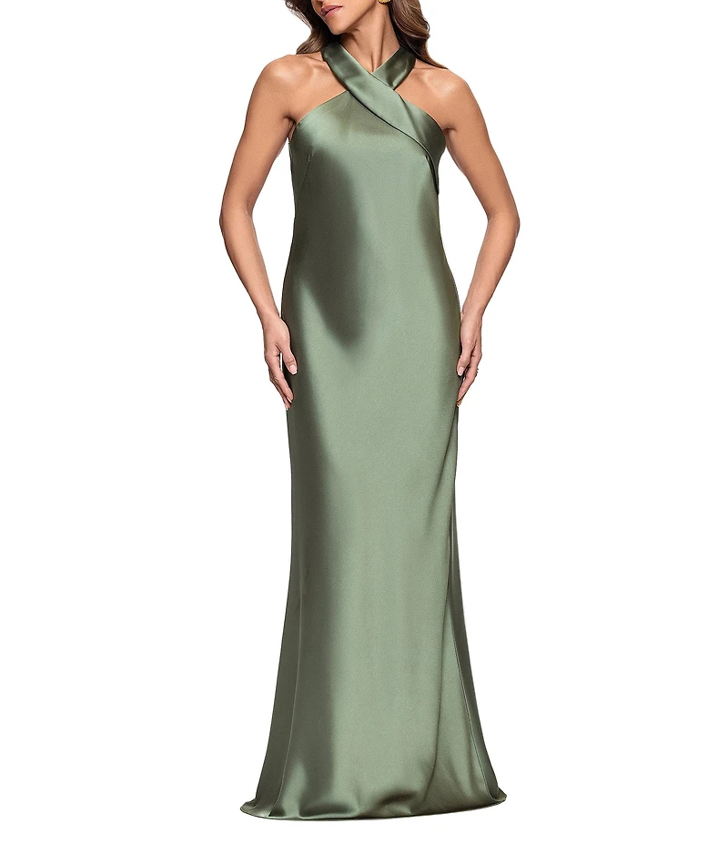 Xscape Satin Cross Front Halter Neck Sleeveless Tie Back Gown