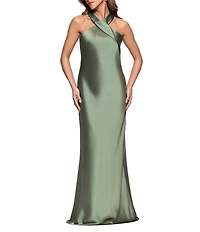 Xscape Satin Cross Front Halter Neck Sleeveless Tie Back Gown