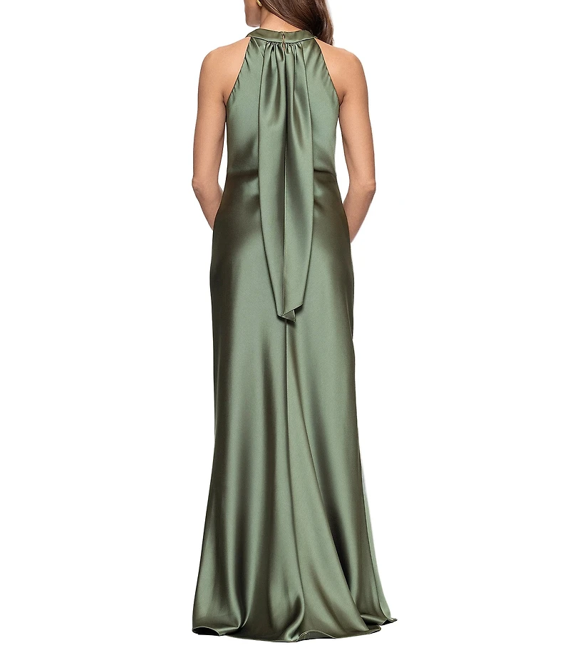 Xscape Satin Cross Front Halter Neck Sleeveless Tie Back Gown