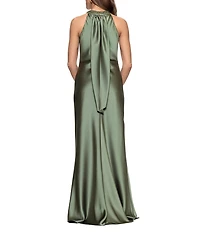 Xscape Satin Cross Front Halter Neck Sleeveless Tie Back Gown