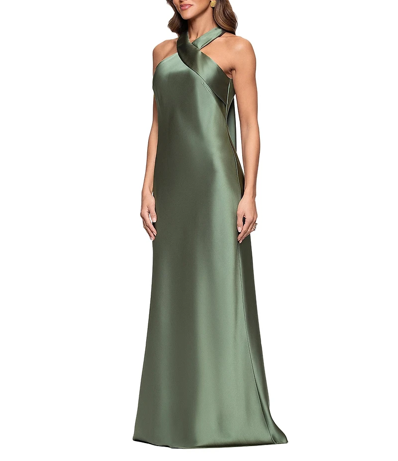 Xscape Satin Cross Front Halter Neck Sleeveless Tie Back Gown
