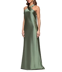 Xscape Satin Cross Front Halter Neck Sleeveless Tie Back Gown