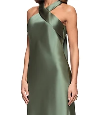 Xscape Satin Cross Front Halter Neck Sleeveless Tie Back Gown