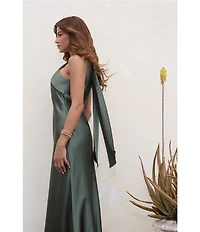 Xscape Satin Cross Front Halter Neck Sleeveless Tie Back Gown