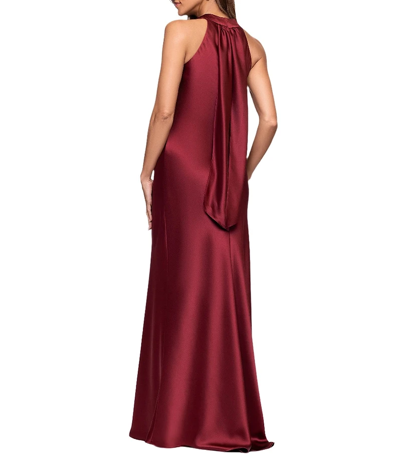 Xscape Satin Cross Front Halter Neck Sleeveless Tie Back Gown