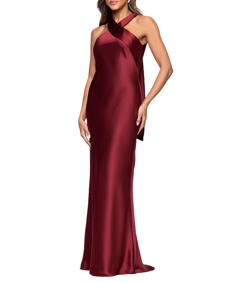 Xscape Satin Cross Front Halter Neck Sleeveless Tie Back Gown