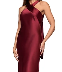 Xscape Satin Cross Front Halter Neck Sleeveless Tie Back Gown