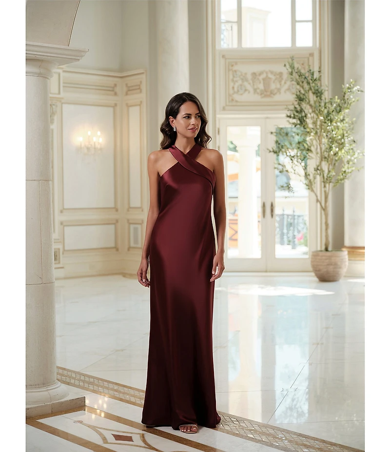 Xscape Satin Cross Front Halter Neck Sleeveless Tie Back Gown