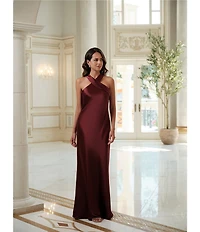 Xscape Satin Cross Front Halter Neck Sleeveless Tie Back Gown