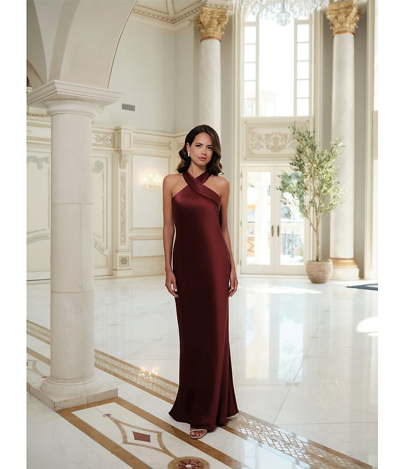 Xscape Satin Cross Front Halter Neck Sleeveless Tie Back Gown
