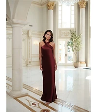 Xscape Satin Cross Front Halter Neck Sleeveless Tie Back Gown