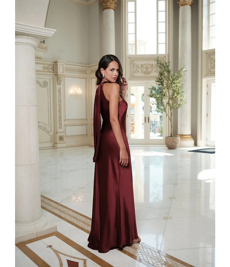 Xscape Satin Cross Front Halter Neck Sleeveless Tie Back Gown