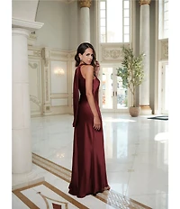 Xscape Satin Cross Front Halter Neck Sleeveless Tie Back Gown