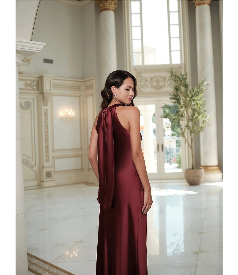 Xscape Satin Cross Front Halter Neck Sleeveless Tie Back Gown