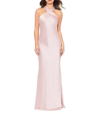Xscape Satin Cross Front Halter Neck Sleeveless Tie Back Gown